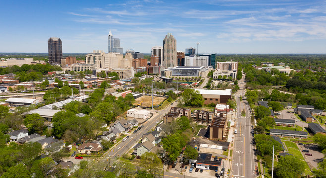 Aerial Perspective Elevating Up Over Raleigh North Carolina Urban Metro Area