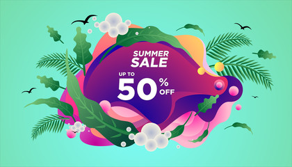 Summer sale banner template. Summer abstract geometric background with palm leaves and clouds. Tropical backdrop. Promo badge for your seasonal design. Vector illustration.