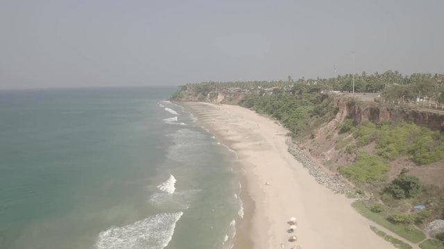 Varkala beach in Kerala, India, 4k aerial ungraded/flat