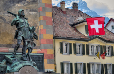 William Tell's monument in Altdorf. Swiss landmark