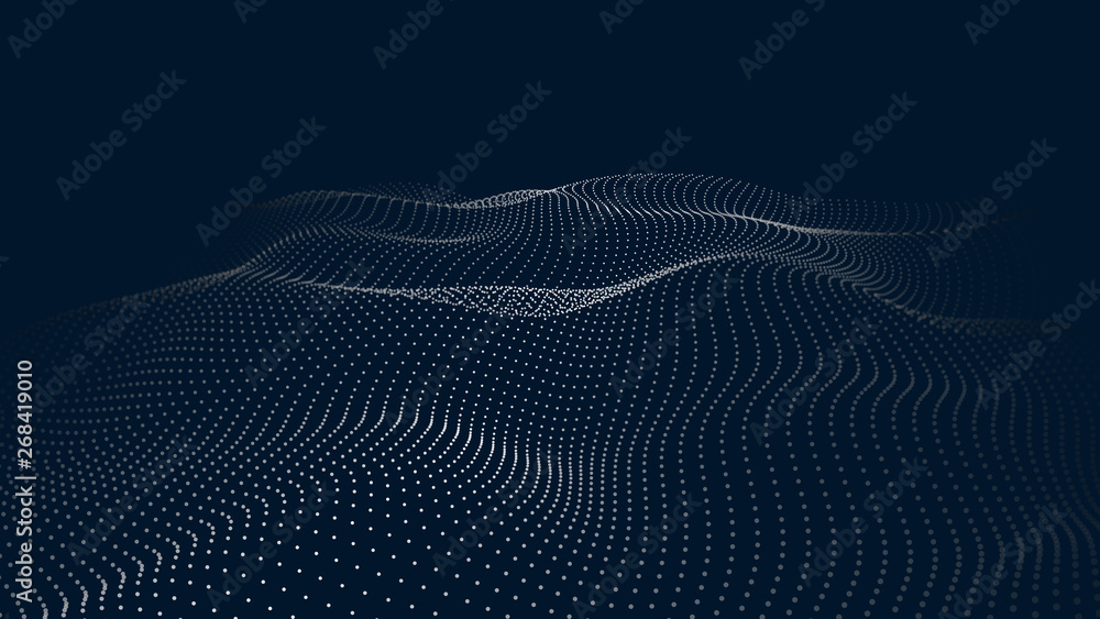 Aufkleber A wave of particles. Futuristic point wave. Vector illustration. Abstract blue background with a dynamic wave. Wave 3d