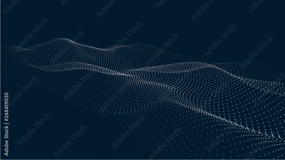 Poster A wave of particles. Futuristic point wave. Vector illustration. Abstract blue background with a dynamic wave. Wave 3d