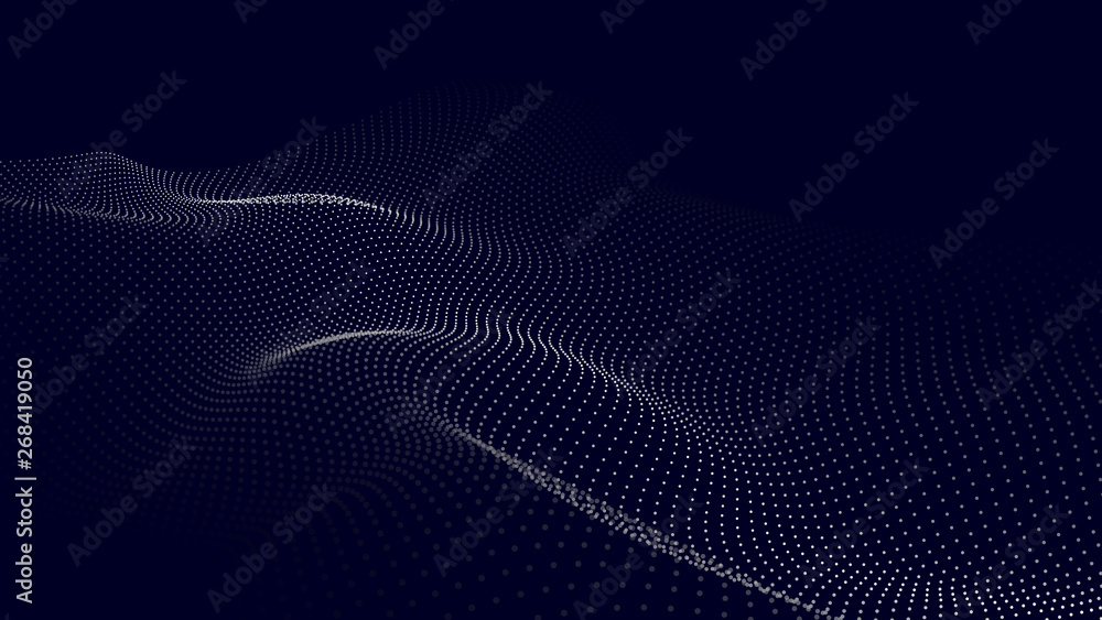 Poster A wave of particles. Futuristic point wave. Vector illustration. Abstract blue background with a dynamic wave. Wave 3d