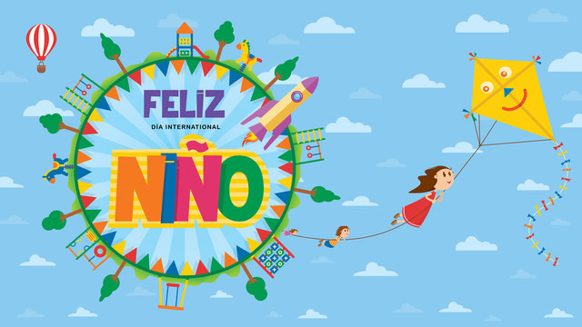 Feliz Dia del Nino greeting card - Happy Children's Day in Spanish language. Text inside a circle surrounded by playgrounds and trees where children fly flying subject to the rope of a yellow kite