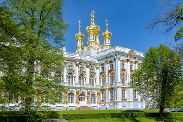 Fototapeta na wymiar Catherine palace church dome in Tsarskoe Selo (Pushkin), St. Petersburg, Russia