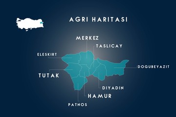 Agri districts Eleskirt, Tutak, Patnos, Hamur, Diyadin, Dogubeyazit, Taslicay map, Turkey