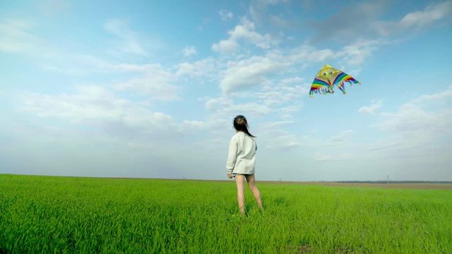 Little girl playing with a kite on a green field