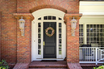 Front Door of Large Red Brick Traditional Colonial Home House 
