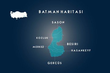 Batman districts Sason, Kozluk, Besiri, Hasankeyf, Gercus map, Turkey