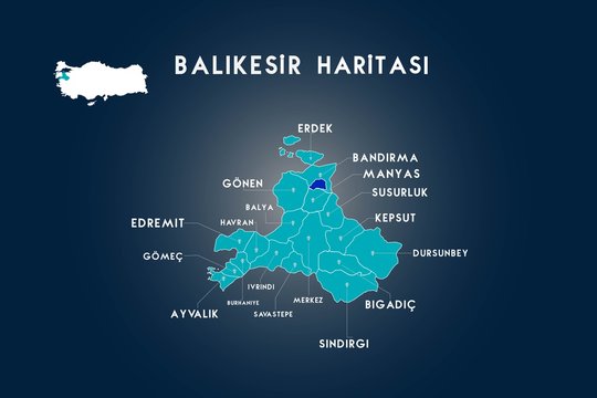 Balikesir districts Erdek, Bandirma, Manyas, Susurluk, Kepsut, Dursunbey, Bigadic, Sindirgi, Savastepe, ivrindi, Burhaniye, Ayvalik, Gomec, Edremit, Havran, Balya, Gonen map, Turkey