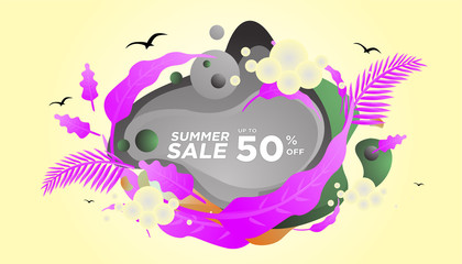 Summer sale banner template. Summer abstract geometric background with palm leaves and clouds. Tropical backdrop. Promo badge for your seasonal design. Vector illustration.