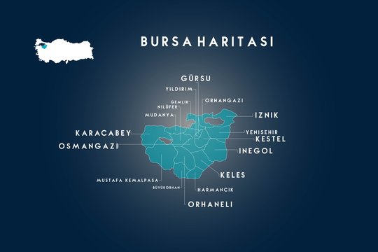 Bursa districts gursu, gemlik, yildirim, nilufer, mudanya, karacabey, osmangazi, mustafakemalpasa, buyukorhan, orhaneli, harmancik, keles, inegol, kestel, yenisehir, iznik, orhangazi  map, Turkey
