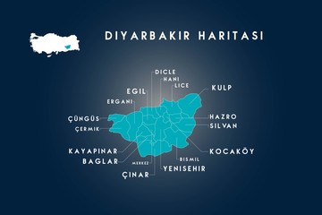Diyarbakir districts egil, ergani, cungus, cermik, kayapinar, baglar, cinar, bismil, yenisehir, kocakoy, silvan, hazro, kulp, lice, hani, dicle  map, Turkey