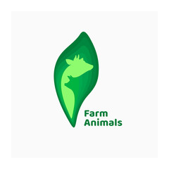 Organic farm sign with cow and pig. Symbol of leaf and illustration of domestic animals inside. Livestock logo. Green vector icon for farmers market, healthy eating, butcher, agricultural business. 