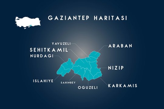 Gaziantep districts yavuzeli, islahiye, sehitkamil, nurdagi, sahinbey, oguzeli, karkamis, nizip, araban map, Turkey