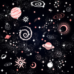 Der nahtlose Musterdruck der Space Galaxy-Konstellation kann für Textilien, Sternzeichen-Yogamatten und Handyhüllen verwendet werden