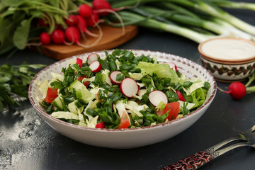 Healthy salad with fresh vegetables: radish, cucumbers, green onions, parsley, tomatoes, cabbage and spinach