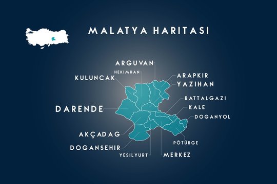Malatya districts arguvan, hekimhan, kuluncak, darende, akcaagac, dogansehir, yesilyurt, poturge, doganyol, kale, battalgazi, yazihan, arapkir map, Turkey