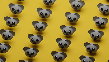 cute koala bears pattern on yellow  background, kawaii style or tenderness wallpaper. 3d illustration