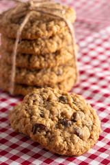 Cinnamon Raisin Oatmeal Cookies on a Plaid Table Cloth