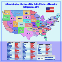 Obraz premium Bright illustration with map of United States of America with division and info graphic . Abstract map of USA with regions and informations.