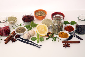 Spices and herbs on table. Food and cuisine ingredients with basil