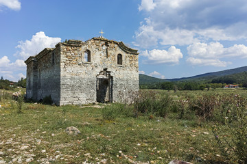 Fototapeta na wymiar Abandoned Medieval Orthodox church of Saint John of Rila at the bottom of Zhrebchevo Reservoir, Sliven Region, Bulgaria