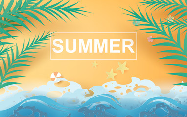 Fototapeta na wymiar illustration of Beautiful summer beach poster background. Creative design paper cut and craft style. Summertime sea wave for card and banner.minimal pastel color.Holiday .tropical.vector. EPS10