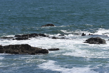 The scene of the beach. Waves crashing into rocks.