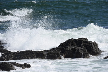 The scene of the beach. Waves crashing into rocks.