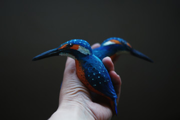 hand carved and painted wooden figures of bird kingfisher