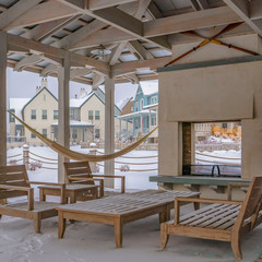 Square Clubhouse patio with view of a snowy landscape