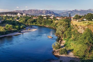 View on the river Moraca River in Podgorica city, Montenegro