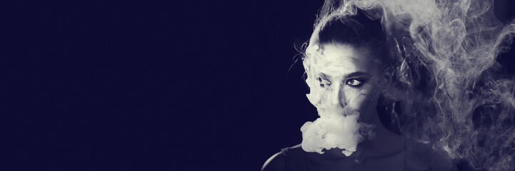 Smoking Vape. Woman Exhaling Smoke In Studio, Copy Space