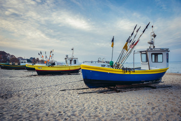 Naklejka na ściany i meble Fishing boats on Baltic Sea beach in Sopot, Poland