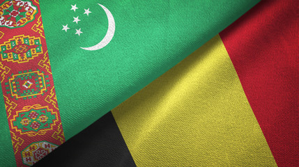 Fototapeta premium Turkmenistan and Belgium two flags textile cloth, fabric texture 