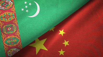 Turkmenistan and China two flags textile cloth, fabric texture