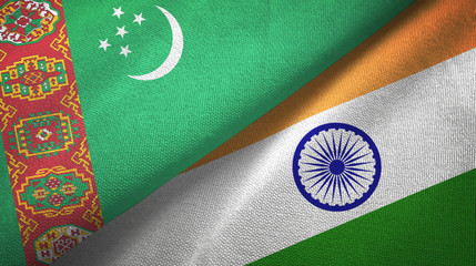 Turkmenistan and India two flags textile cloth, fabric texture