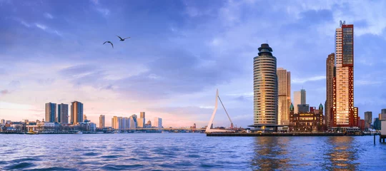 Fotobehang Rotterdam Stadslandschap, panorama - zicht op Erasmusbrug en wijk Feijenoord stad Rotterdam, Nederland, banner