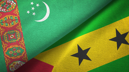 Turkmenistan and Sao Tome and Principe two flags textile cloth, fabric texture