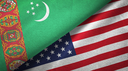 Turkmenistan and United States two flags textile cloth, fabric texture