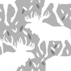 Seamless pattern with moose vintage style. An adult elk with large antlers. Plant leaves. - 268433416