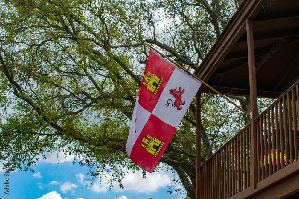 Poster St. Augustine, Florida. March 31 , 2019 . Top view of St. Augustine flag in Florida's Historic Coast.