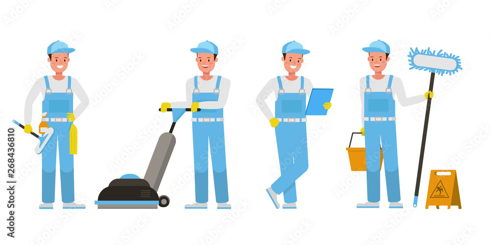 Poster janitor vector character design. presentation in various action.