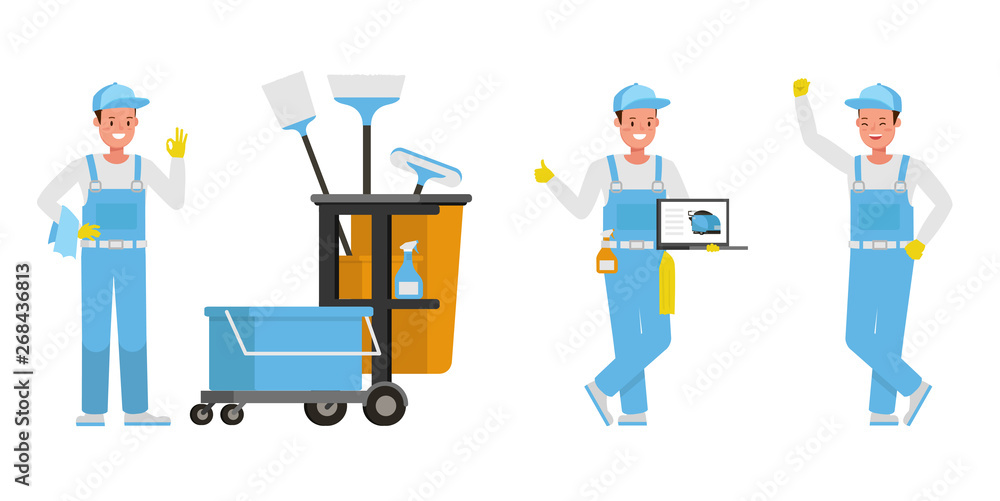 Poster janitor vector character design. presentation in various action. no2