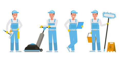 Janitor vector character design. Presentation in various action.