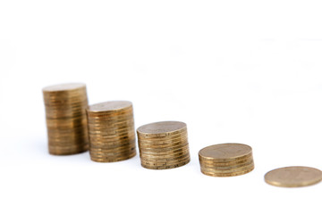 Growing coins stacks on white background. Financial growth, saving money, business finance wealth and success concept