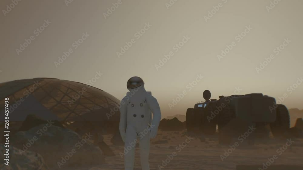 Canvas Prints astronaut walking on the surface of a mars like planet walks towards camera as camera cranes up with