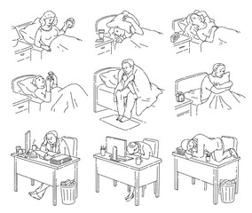 Sleepless people suffering from insomnia icon vector set isolated on white .