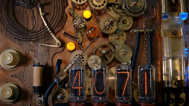 Steampunk, the device is a time machine with randomly running numbers and stop at the end of 2019, backlit, many different gears that rotate, the pendulum beats off seconds and in flasks with liquid